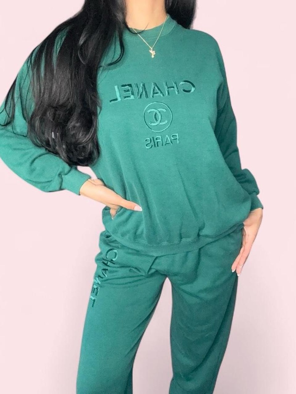 Chanel Green Embroidered high waisted Track Pants & Sweatshirt Set
